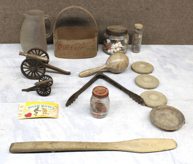 Vintage Household and Decorative Items, Including Coca-Cola Carrier and Rose Bowl Ticket