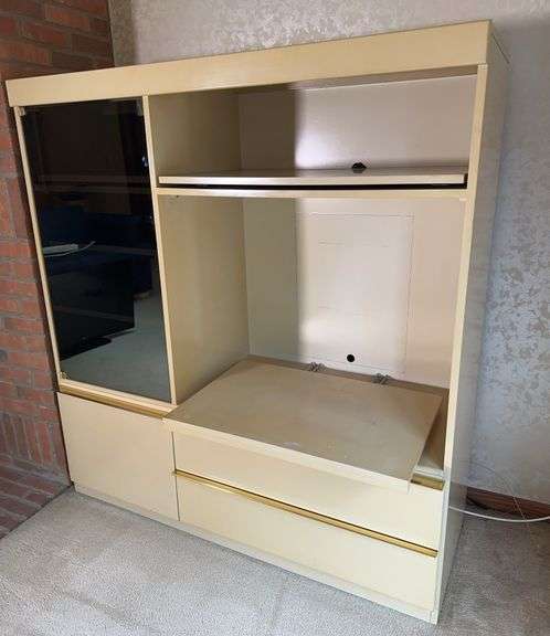 Vintage Post-Modern Cream and Brass Lacquer Entertainment Center