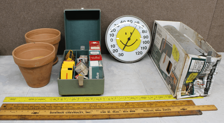 Terracotta Pots, Metal Thermometer, Rulers, and Hardware Box
