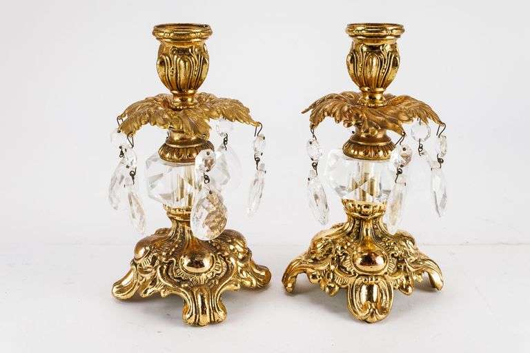 Pair of Ornate Brass and Crystal Candleholders