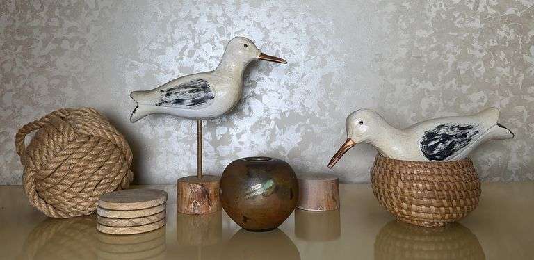 Home Decor, Coastal Wood Bird Sculptures, Signed Pottery, Nautical Rope Door Stopper & More