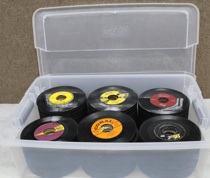 45 RPM Vinyl Records in Storage Box