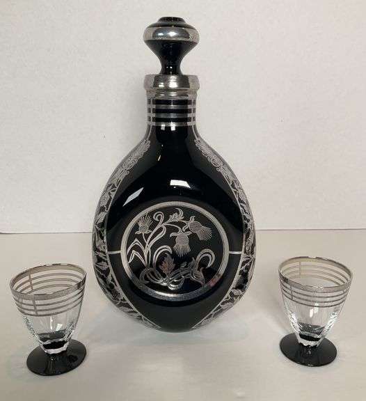 Vintage Cambridge Glass Pinched Decanter with Sterling Silver Thistle Design & 2 Glasses