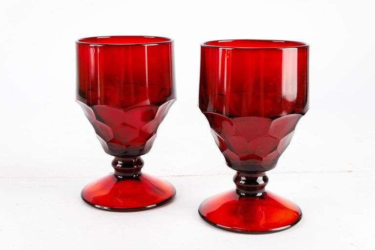 Glowing Goodies!  A Pair of Vintage Anchor Hocking Royal Ruby Red Cadmium Georgian Goblets