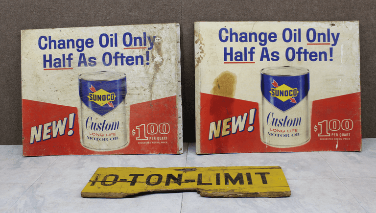 Wooden ’10-Ton Limit’ Sign and Two Sunoco Motor Oil Cardboard Advertisements