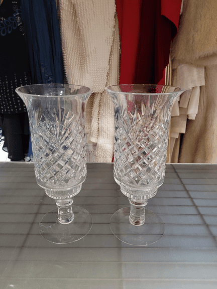 Vintage Cut Glass Hurricane Shades with Matching Pedestal Bases – Elegant Pair