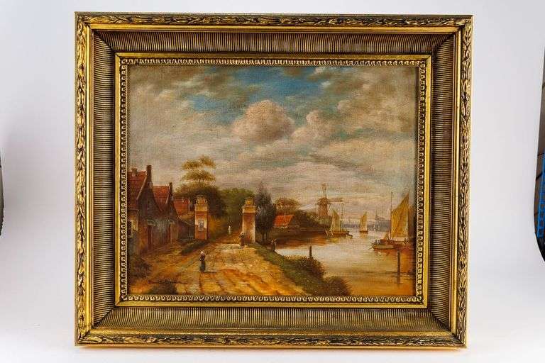 Vintage Oil on Canvas Painting of a Village Scene - Signed 'Davis Brown'