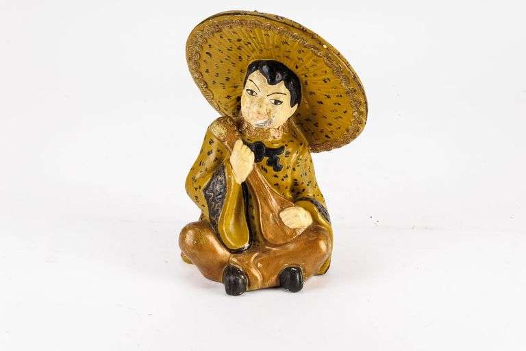 Vintage Ceramic Asian Figurine Seated Playing An Instrument.