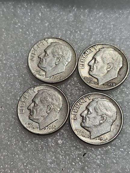 4 Silver Dimes 1962D, 1958D, 1960D, & 1964