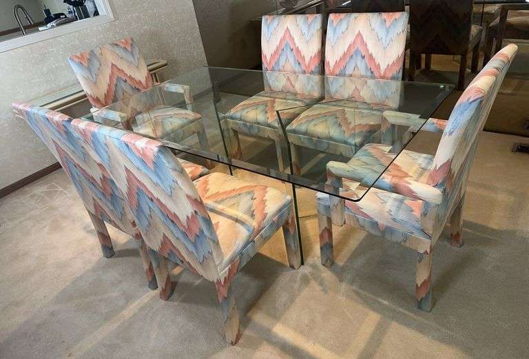 Glass Dinning Room Table & Six Fabric Chairs