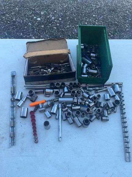 Socket Wrenches, Attachments, and Hardware in Green Bin and Box