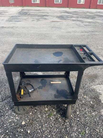 Uline Two-Shelf Utility Cart with Handle and Assorted Items