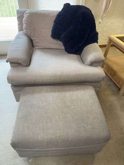 Oversized Chair with Ottoman and Navy Throw Blanket