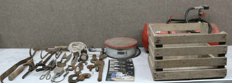Vintage Hand Tools, Roto-Et-G Device, Air Tank, and Wooden Crate