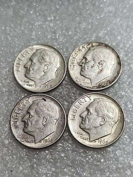 4 Silver Dimes 1962D, 1964, 1954, & 1964