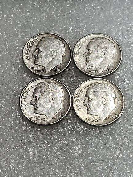 4 Silver Dimes 1961D, 1962D, 1962D, & 1964