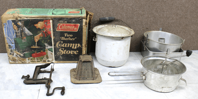 Coleman Two-Burner Camp Stove Model 425E499 with Various Cookware and Accessories