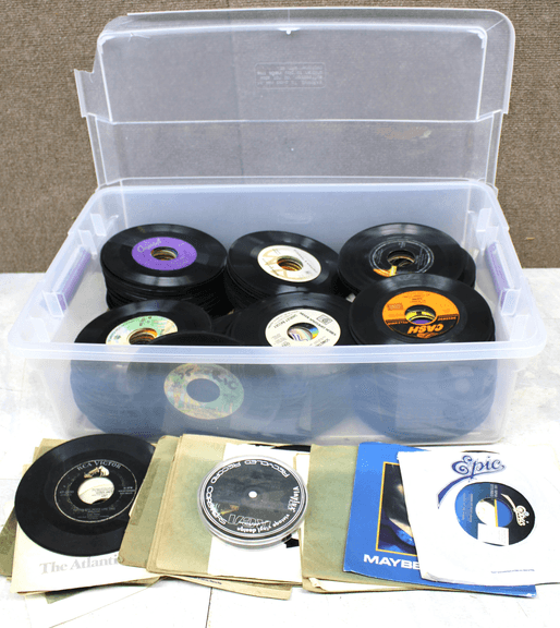 7-Inch Vinyl Records in Plastic Storage Box