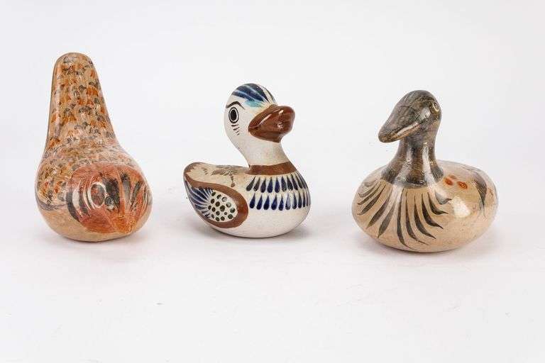 Cute Grouping of Three Vintage Mexican Folk Art Pottery Bird Figurines.