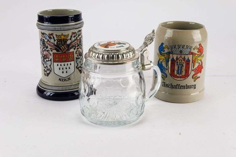 Grouping of 3 Vintage West Germany Beer Steins By Aschaffenburg, Original King & BMF Company