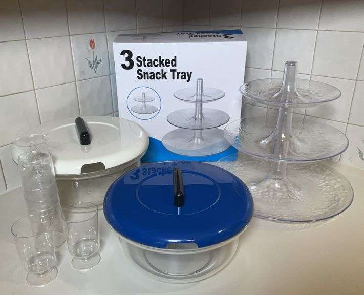 Plastic Serving Pieces, Includes Stacked Snack Tray, Large Bowls and Cups