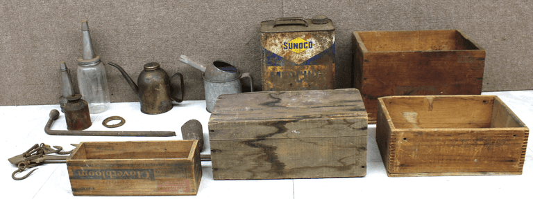 Wooden Boxes, Oil Cans, Sunoco Tin, and Tools