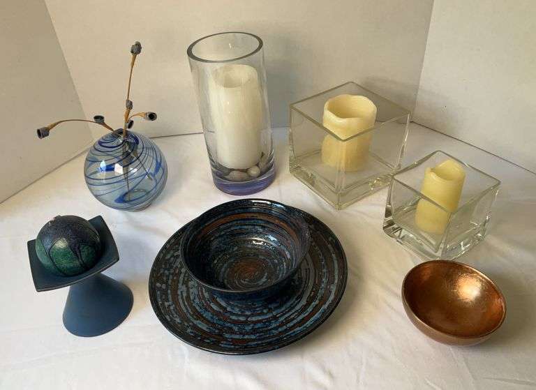 Candles and Decor Including a Copper Swirl Glazed Dish and Bowl