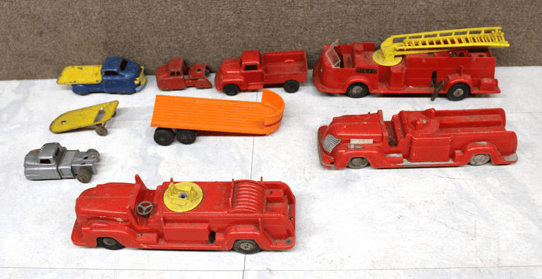 Plastic and Metal Toy Vehicles, Including Fire Trucks and Trailers