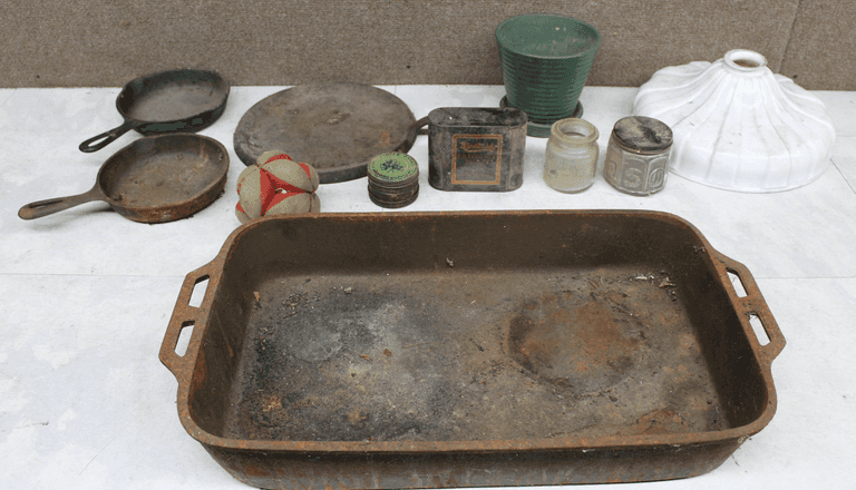 Cast Iron Cookware, Glassware, Metalware, and Ceramic Lamp Shade