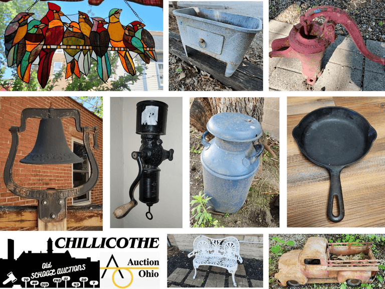 CHILLICOTHE: #3 Griswold, Stained Glass Birds, Cast Iron Bell, Furniture, & More