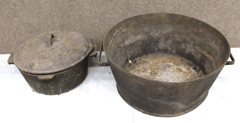 Two Cast Iron Cookware Pieces, Including Large Pot with Handles and Dutch Oven with Lid