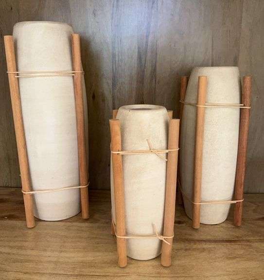 Ceramic Vases with Supported with  Natural Wood