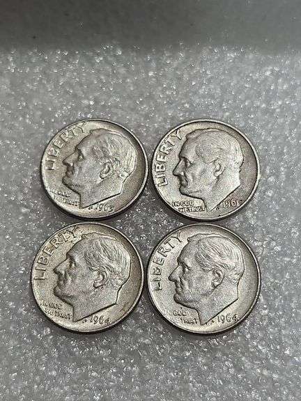 4 Silver Dimes 1961D, 1963D, 1964D, & 1964