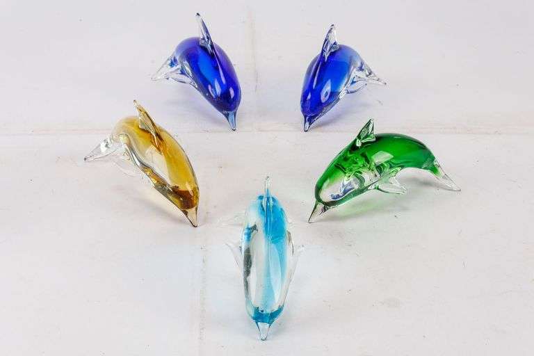 School of 5 Vintage Murano Style Art Glass Dolphin Figurines.
