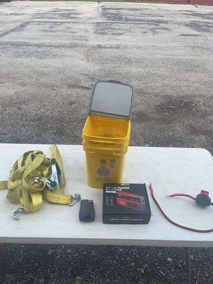 Utility Equipment Lot Featuring 1,000W Power Inverter, YardLock, Ratchet Straps, and Accessories