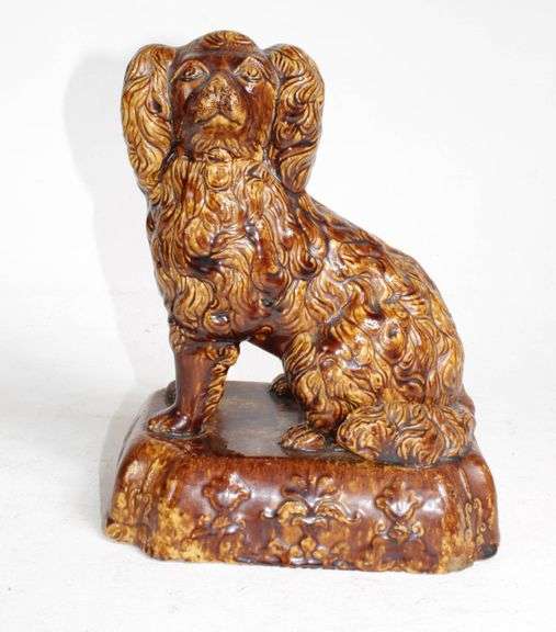 Spaniel Rockingham YELLOWWARE SEATED SPANIEL WITH ROCKINGHAM GLAZE, 12