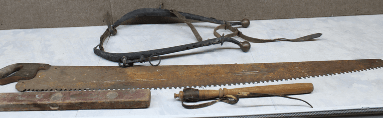 Two-Man Saw, Wooden Tensioner, Leather Straps, and Horse Tack