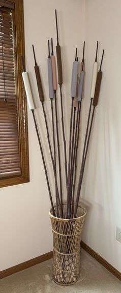 Wicker Basket & Cattails Decor Piece