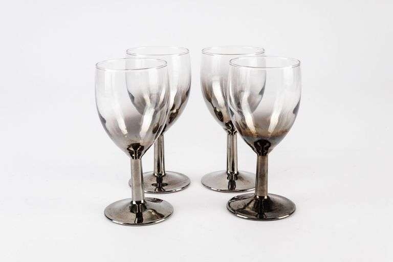 Cheers!  A Set of 4 Vintage French Silver Overlay Stemmed Liqueur Glasses.