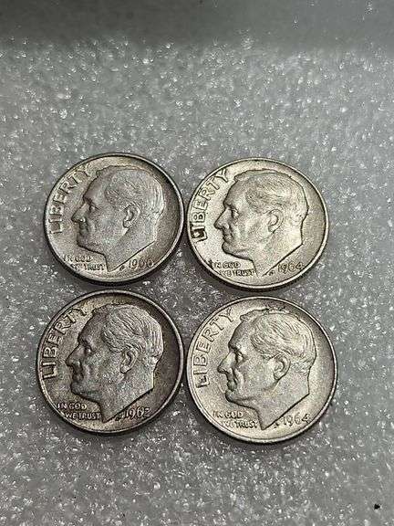 4 Silver Dimes 1960D, 1962D, 1964D, &1964