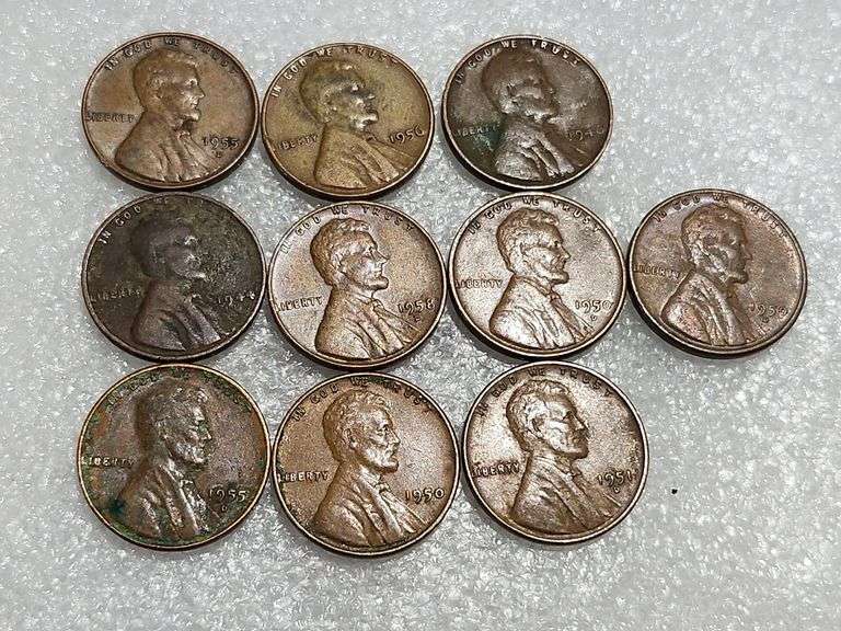 10 Wheat Pennies 1944, 1946, 1950, 1950D, 1950D, 1951D, 1955D, 1955D, 1956, & 1958D
