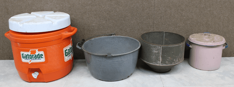 Gatorade Cooler, Cast Iron Pot, Metal Sieve, and Enamel Pot
