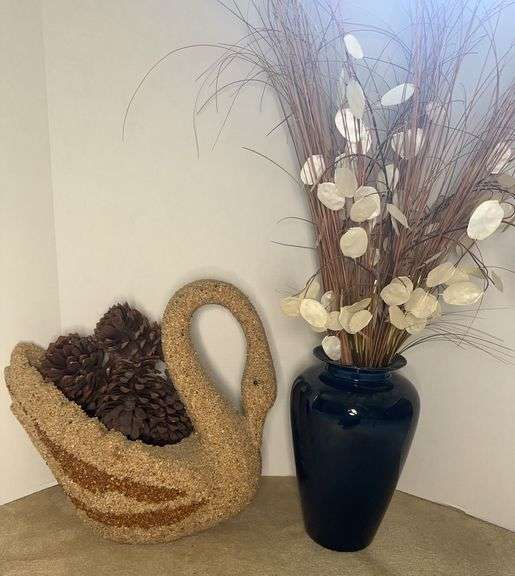 Decor Including Swan Pebble Planter & Blue Vase with Decorative Plant