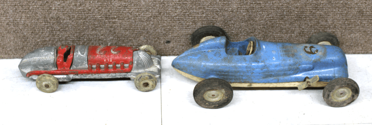 Two Vintage Toy Racing Cars, Cast Metal and Plastic Construction