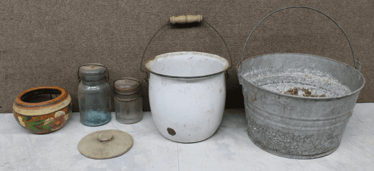 Vintage Household Items Including Buckets, Jars, and Ceramic Pot