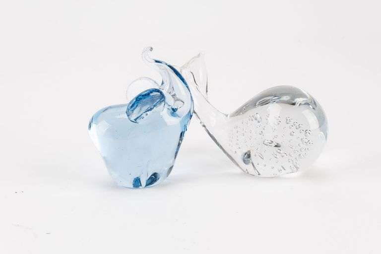 Grouping of 2 Vintage Animal Art Glass.  A Blue Elephant, and A Clear Whale.