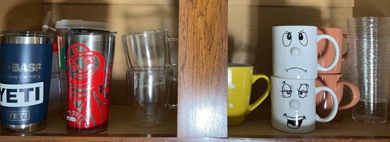 Assorted Mugs and Beverage Cups Including Yeti, Tervis and 2 Glass Insulated Mugs