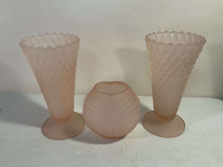 Pink Frosted Art Deco Glass Vases – 3 Pieces