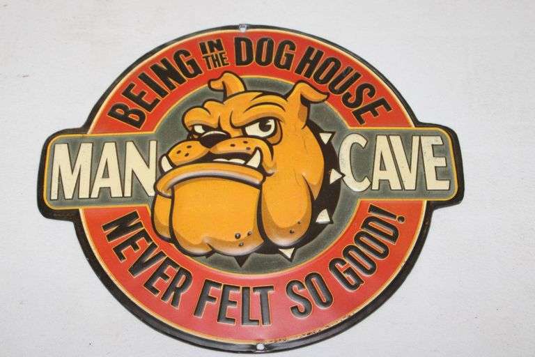 Metal Man Cave Sign Featuring Bulldog and Dog House Theme