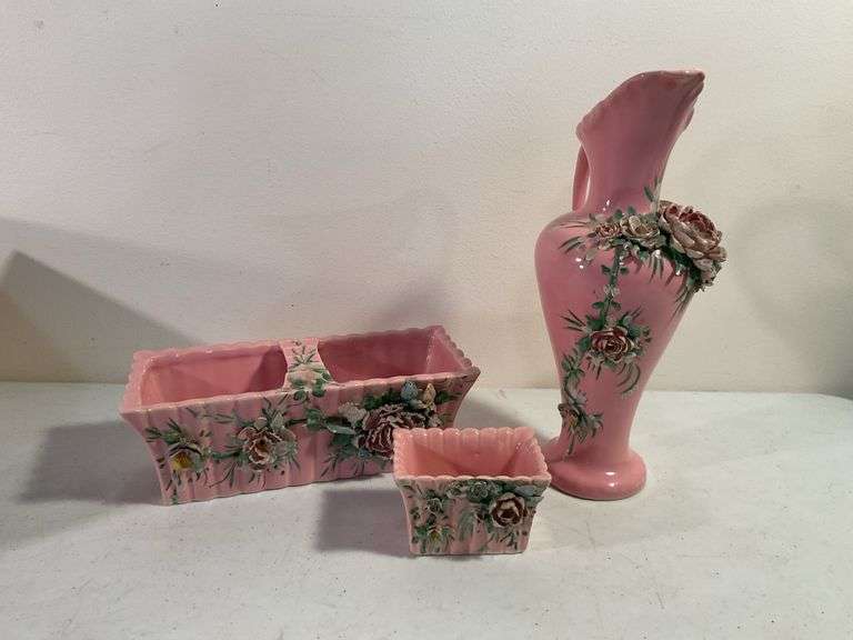 3-Piece Vintage Pink Pottery Floral Decor Collection